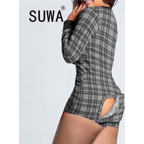 2021 New Product Printed Button Flap Pajamas Jumpsuit Women Sexy Deep V Neck Long-Sleeved Rompers Ladies Red Plaid Playsuits