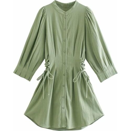 Za new 3 / 4 sleeve womens solid color round neck single breasted dress with waist A-shaped Mini Dress