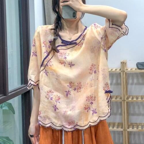 Retro Shirt Women Pullovers Loose Casual Tops 2021 New Ladies O-Neck Button Short Sleeve Print flower Vintage Shirt Tops