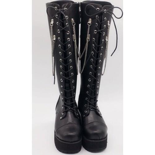 Women Black 8cm Knee-High Platform Chain Punk Boots Japanese Style Lolita Lace Up Princess Uniform Winter Boots