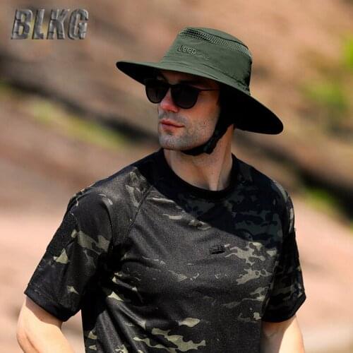 Brand New Summer Sun Hat Men Patchwork Mesh Breathable Bucket Hat Adjustable Size Nylon Big Brim Sun Protection Outdoor Men Cap