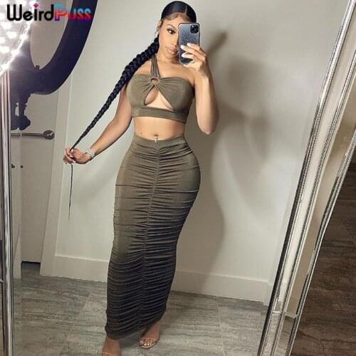 Weird Puss Summer Elegant 2 Piece Set Women One Shoulder Top+Ruched Midi Skirt Skinny Solid Stretchy Streetwear Trend Outfits