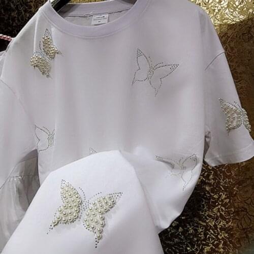 Heavy industry summer shiny beaded t-shirt women multiple butterfly hot rhinestones cotton plus size top tees