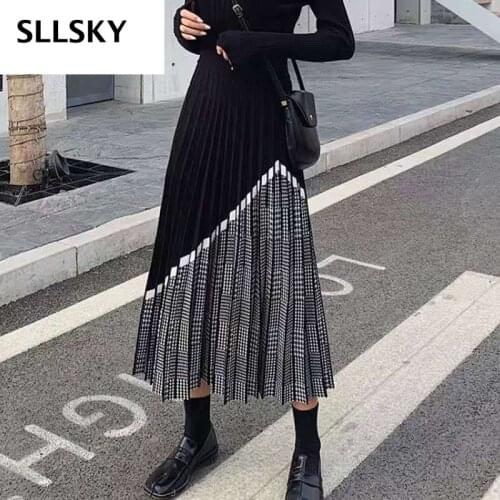 Sllsky Houndstooth knitted Mid-Length Pleated Splicing A-line Half Female High-Waist Tight Fashion Black Cotton Soft Skirts