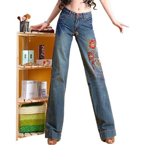Free Shipping 2019 New Fashion long Pants National Trend Embroidered Jeans Women Trousers Wide Leg Pants Plus Size 26-32 Spring