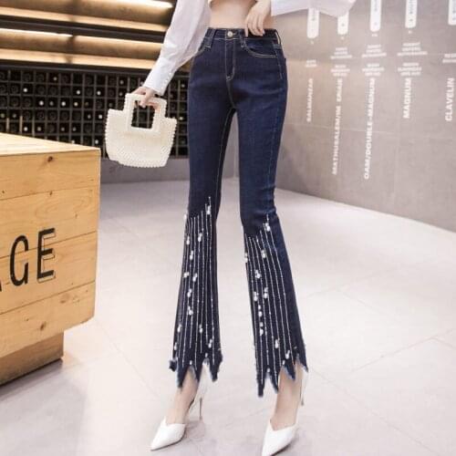 Women 2021 Spring Autumn Fashion Embroidered Flares Jeans Female High Waist Slim Flare Pants Ladies Stretch Trousers P107