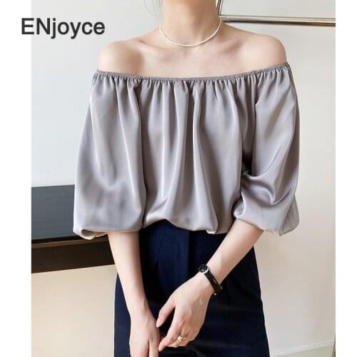 Women Sexy Off Shoulder Strapless Satin Blouse Korean Puff Sleeves Ladies Tops Slash Neck Shirts Beach Party Casual Loose Summer