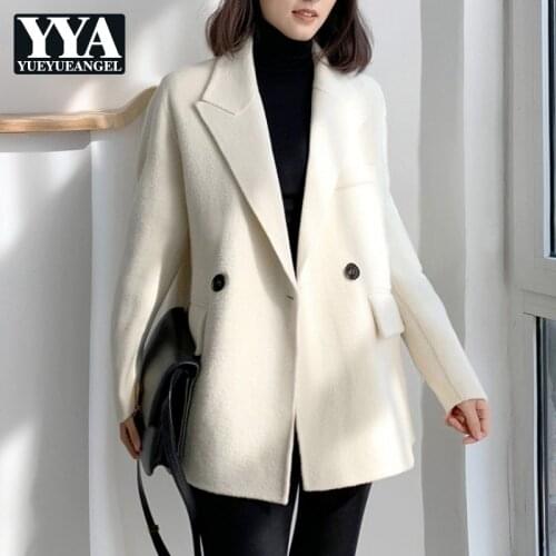 Winter Women Elegant Wool Blend Coat Streetwear Double Breasted White Suit Jacket Office Lady Straight Long Sleeve Blazer S-L