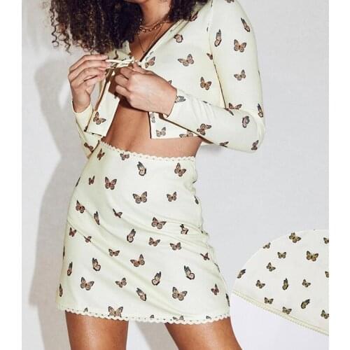Butterfly print Two piece set Women Long sleeve Bandage cardigan Short tops Mini skirt Fashion Sexy party club Matching set
