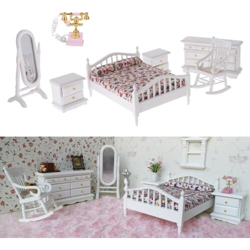 1:12 Dollhouse Bedroom Kit Double Bed, Bedside Cabinet, Mirror, Rocking Horse Model Milk White Doll House Furniture Set