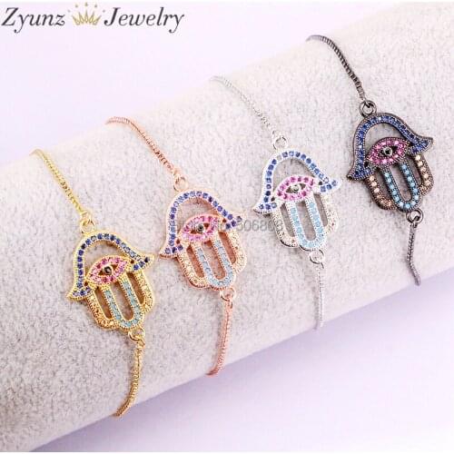 10PCS ZYZ327-1377 Hamsa Hand Connector Bracelet, Fatima Connector, CZ Pave Links, Micro Pave Bracelet
