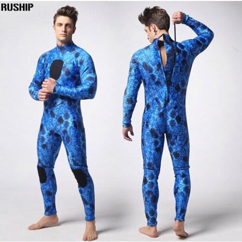 3mm Professional diving suit camo blue wetsuit neoprene inside nylon outside super stretch lycra chest both knee with fabric pad