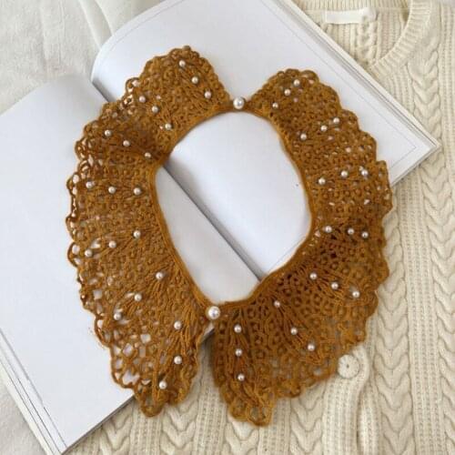 40GC Women Hollow Out Knit Fake Collar Shawl Pearl Beading Double Button Scarf Necklace Floral Lace Half Shirt Mini Poncho