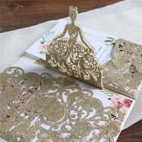 Glitter Gold Girl Invitations Hollow Laser Cutting Pop Up Card Party Decoration Personalized Printing