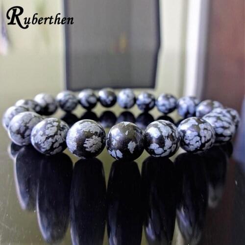 Ruberthen New Arrival Men`s Genuine Black Snowflake Obsidian Bead Bracelet AAA Quality Natural Stone Bracelet