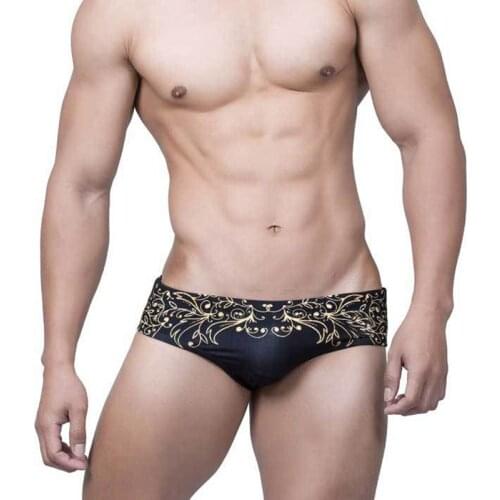 Black Swiwear Men Retro Gold Leaf Print Swim Briefs Mens Swimming Trunks Beach Shorts Surffing Short Male Bikini Swimsuits Man