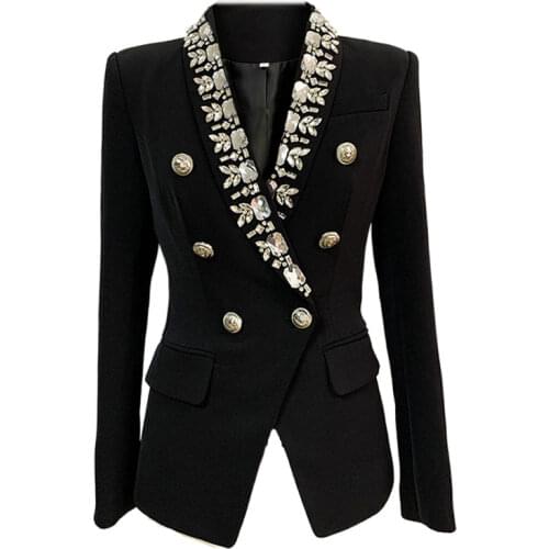 Black Women Jackets Blazer High Quality Cotton Embroidered Beading Gold Double-breasted Button Beaded Shawl Collar Blazer 2021