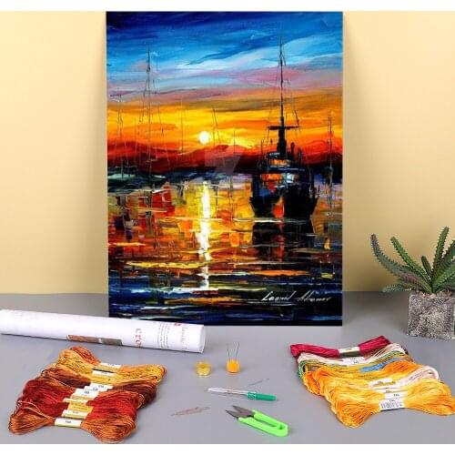Oil Painting Style Old Port Printed Water-Soluble Canvas 11CT Cross Stitch Complete Kit Embroidery DMC Threads Promotions