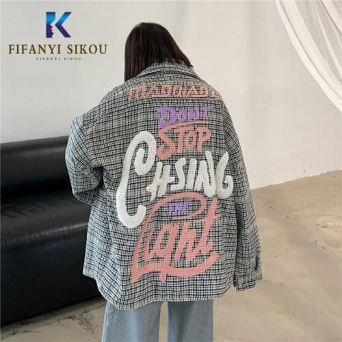 Plaid Jacket Women Streetwear Fashion Embroidery Loose Plus size Jacket Long sleeve Coat Female Spring Autumn Harajuku Jackets