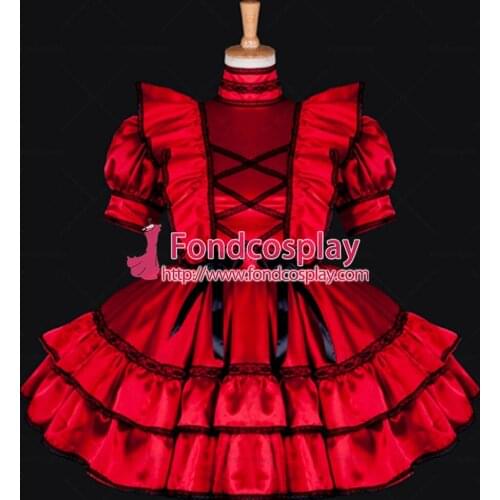 Sexy Sissy Maid Dress Lockable Red Satin Uniform Dress Cosplay Costume Custom-made[G789]
