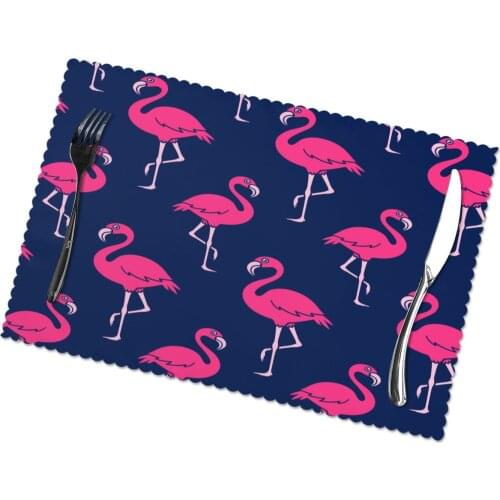Table Mats Drink Coaster Table Placemats Pink Flamingo On Navy Coffee Mug Cup Coasters 6 PCS Non-slip Pads