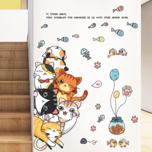 Cute Animal Wall Stickers Cartoon Kitty Cat for Kids Rooms Girls Boys Room Door Decor Removable PVC Mural Decals