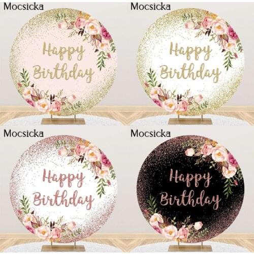 Mocsicka Glitter Happy Birthday Round Backdrop Girls Women Adult Bday Party Floral Circle Cover Photoshoot Background