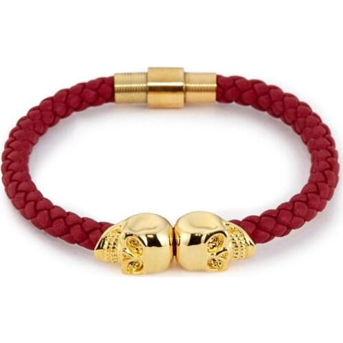 Fashion Red Genuine Leather Braided Bracelet Women Stainless Steel Rose Gold North Skull Bracelet For Men IB106