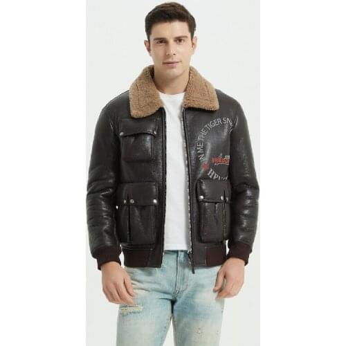 Genuine Leather Mens Jacket Lapel Leather Coat Casual Sheepskin Sherling Retro Bikers Men Winter Clothing 6XL