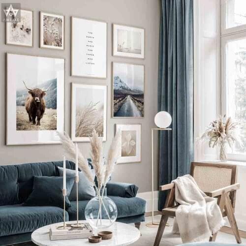 Wall Art Landscape Canvas Poster Nordic Highland Cow Foggy Forest Print Painting Dandelion Flower Decoration Picture Home Decor