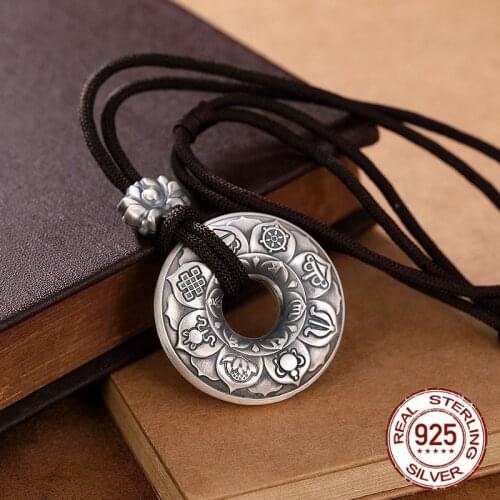 Real 999 Sterling silver Pendant Necklaces WITH Rope chains Unisex Eight Treasures Buddhism Silver Jewelry Heart Sutra Free Ship