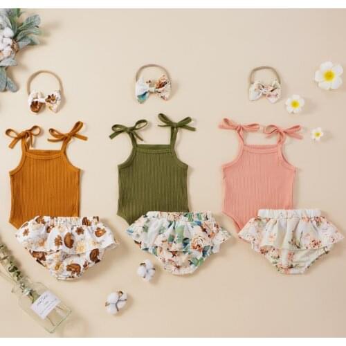Infant Newborn Baby Girls 3 Pcs Outfits Suits Sling Sleeveless Romper Vest Tops Printed Shorts Headband Sets Summer Baby Sets
