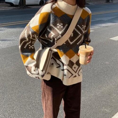 Oversized Pullover Sweater Womens Long Sleeve Loose Printed Knitted Sweater Autumn Fashion
