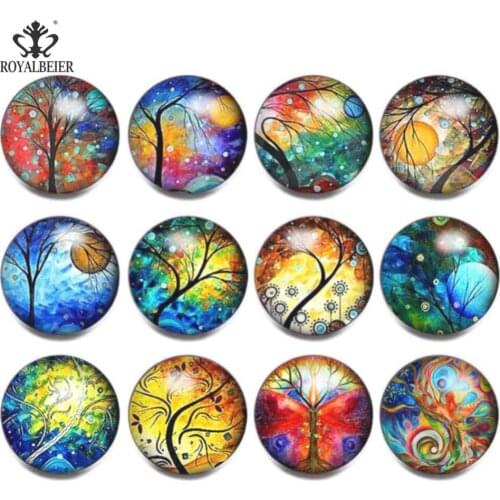 RoyalBeier 12pc/lot Hot Sale Tree Of Life Theme Patern Print Pictures Round 18mm Glass Snap Button Good Quality Pendant KZ0871b