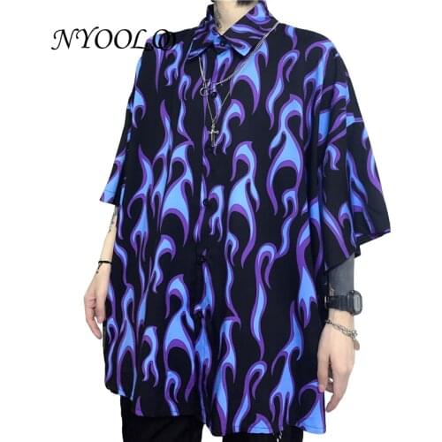 NYOOLO Vintage Streetwear Flame Pattern Short Sleeve Shirt Women Men Summer Loose Single Breasted Hip Hop Punk Clothing Tops