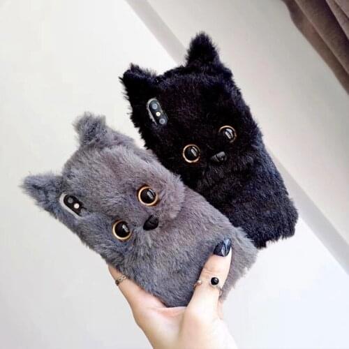 Cute white 3D cat Plush fur phone Case For iphone 11 Pro Max 10 X XR XS XS Max 6 6S 7 8 Plus Winter Warm fur Soft TPU Back Cover