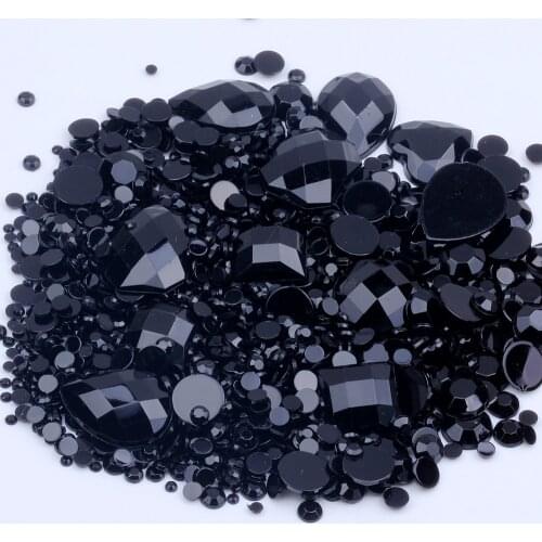 Mix Sizes color black Round strass Acrylic Loose Non-Hotfix Flatback Rhinestone Nail Art Crystal Stones For Wedding Decorations