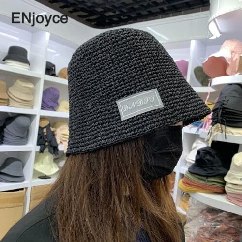 ENjoyce Summer Fisherman Straw Woven Hats for Women Men Bucket Foldable Fisher Cap Korean Black Outdoor Sunshade Fishing Hat