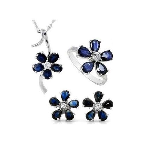 Natural blue sapphire stone wedding jewelry sets natural gemstone ring earrings necklace S925 silver Fashion elegant Flowers