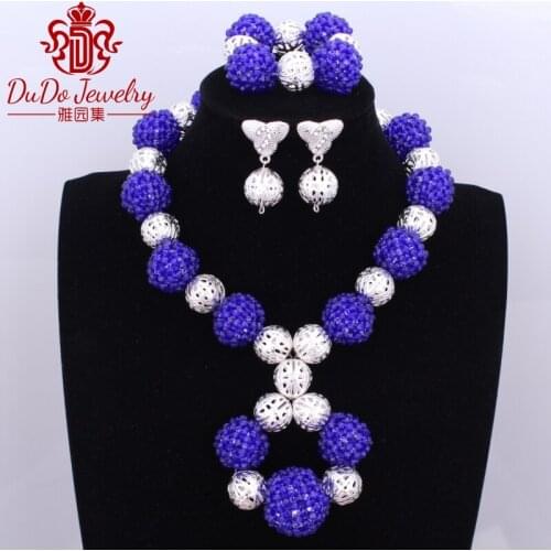 2018 Newest Royal Blue Party Bridal Jewelry Sets Silver Nigerian Wedding African Beads Jewelry Sets Crystal Womens Beads Turkey