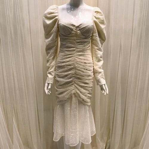 Women Glitter Vintage Mermaid Dress Midi Square Collar Long Sleeve Ruched Party Dress