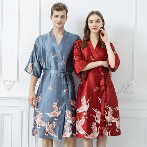 Couple Silk Wedding Robes Kimono Womens Summer Long Bridal Dressing Gown Bridesmaid Red Nightdress Nightgown Sleepwear Home