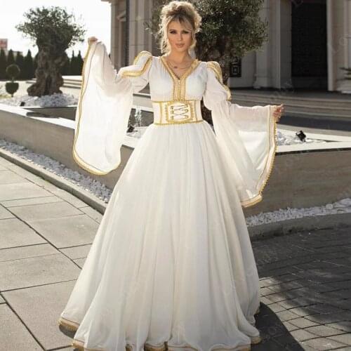 White Caftan Evening Dresses 2021 Long Sleeves Gold Lace Appliques Evening Gowns Arabic Elegant вечернее платье Prom Gowns