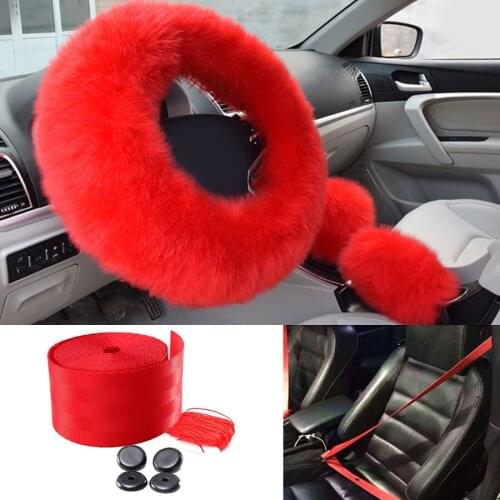 Steering Wheel Covers soft long Furry + hand brake cover + gear cover + 1 pc seat belt Car Interior accessories