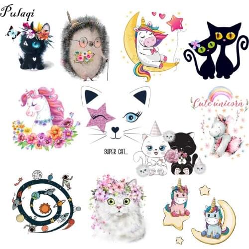 Pulaqi Kids Appliques Patches Heat-Adhesive Clothing Cartoon Cat Dog Iron On Transfers Patches For Childers Flowers Stripes
