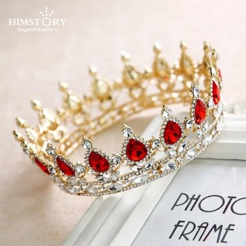 Himstory Vintage Red/Blue Crystal Queen Prom Tiaras Full Round Rhinestone Crown Wedding Diadem Pageant Bridal Hair Accessories
