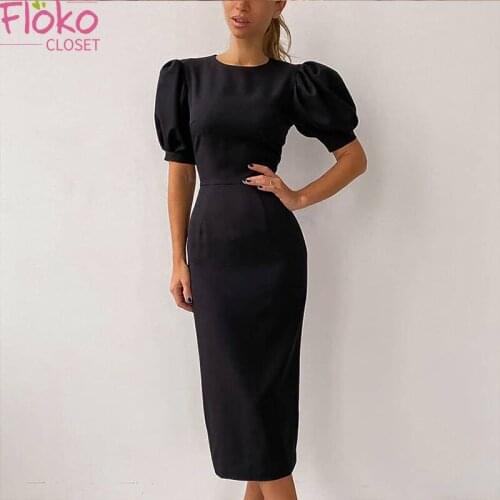 Flokocloset Summer High Waist Puff Sleeve Bodycon Dress Office Lady O-Neck Elegant Party Long Dresses