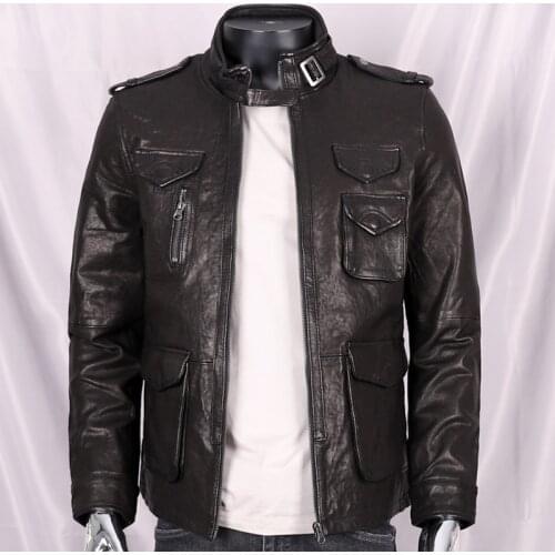 Mens Pure Natural Sheepskin Black Genuine Sheepskin Jacket Fashion Trend Slim Short Motorcycle Suit Sheepskin Jacket Coat