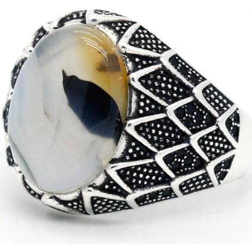 Natural Agate Men Ring 925 Sterling Silver Male Ring with Big Stone Thai Silver Punk Style Turkish Jewelry Handcrafted Jewelry