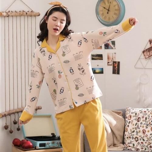 Women 2019 new cotton spring and autumn long sleeve pants cardigan wearable Korean sweet thin women pajama sets women pajamas